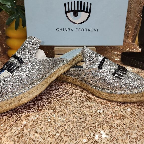 NIB CHIARA FERRAGNI Glitter Espadrille Mules In Silver - Picture 7 of 13